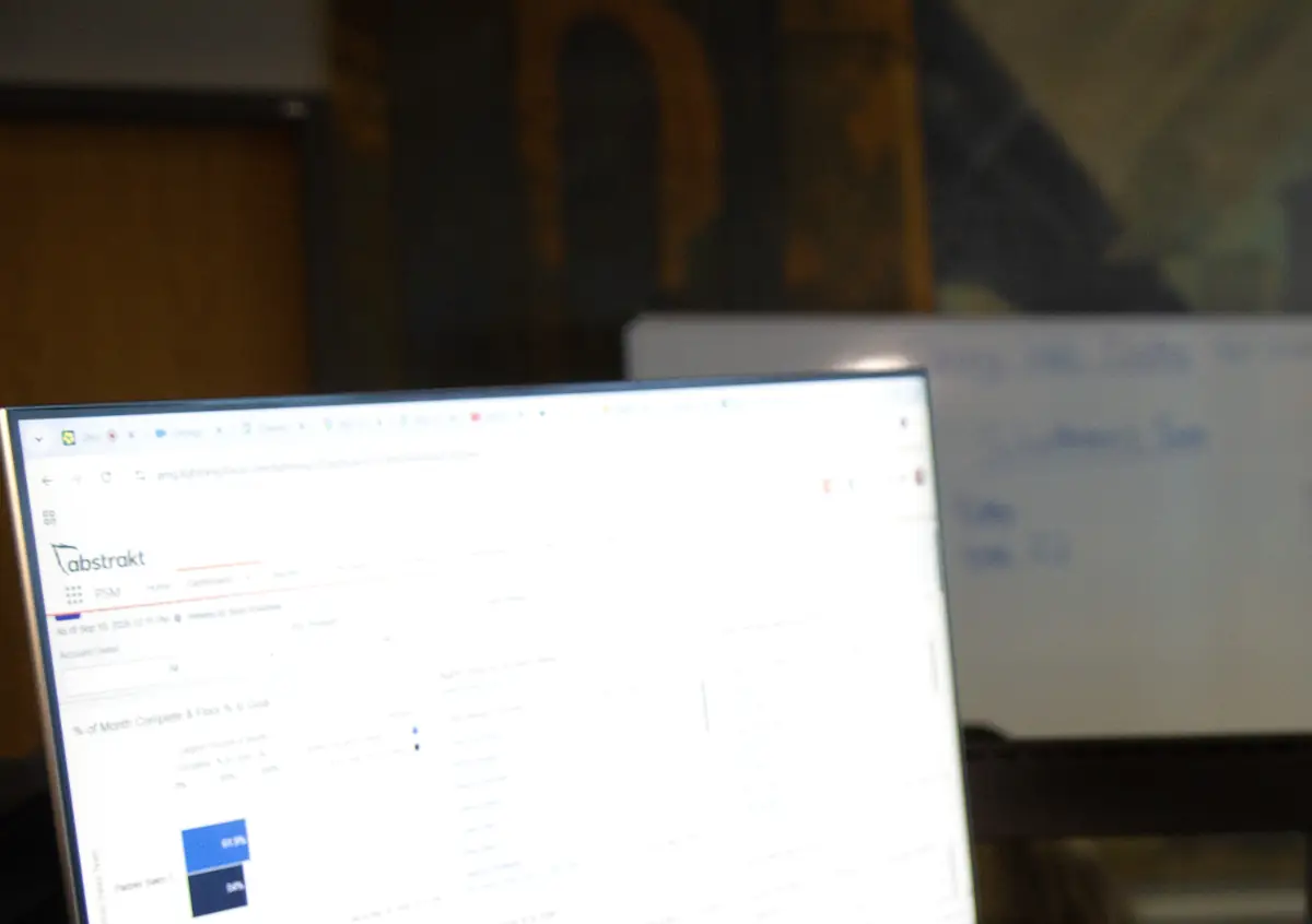 A rep desk on the Abstrakt sales floor, with Abstrakt Intelligence open on the monitor
