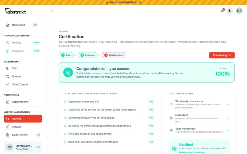 Abstrakt Intelligence demo screen: a rep certification passed on a client account