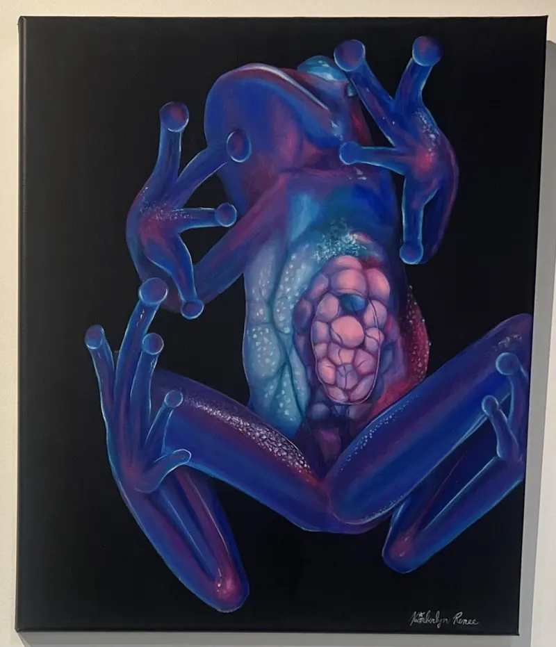 Painting of a translucent blue frog on a black background.