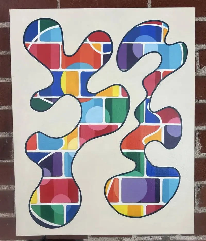 Two curving outlined shapes filled with bright tiled color on a white canvas.