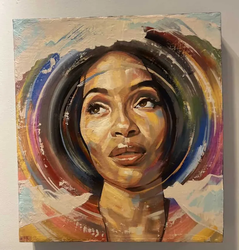 Painting of a woman's face framed by sweeping rings of color.