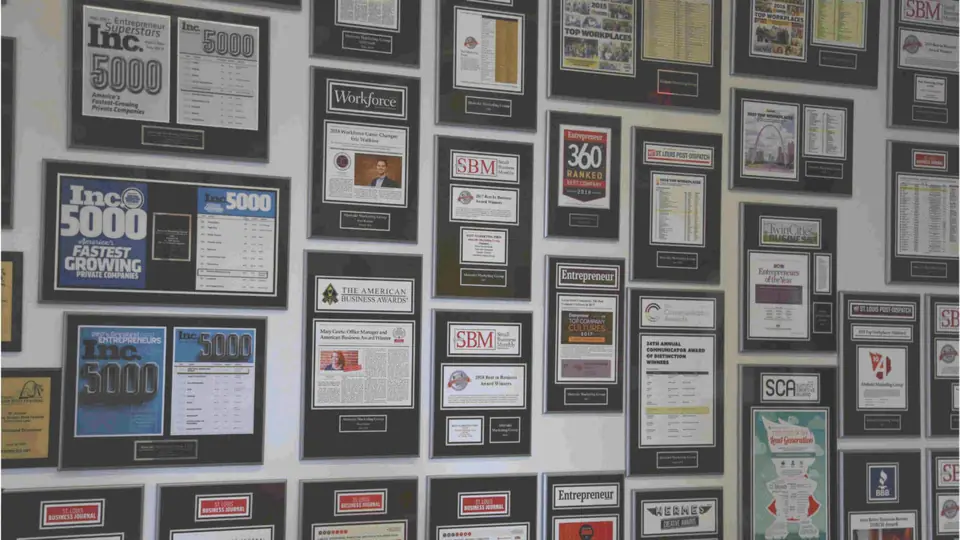 The awards wall at Abstrakt headquarters