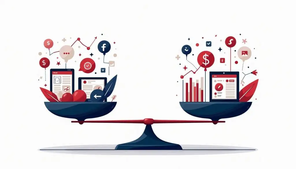 A balanced scale with various digital marketing elements like social media icons