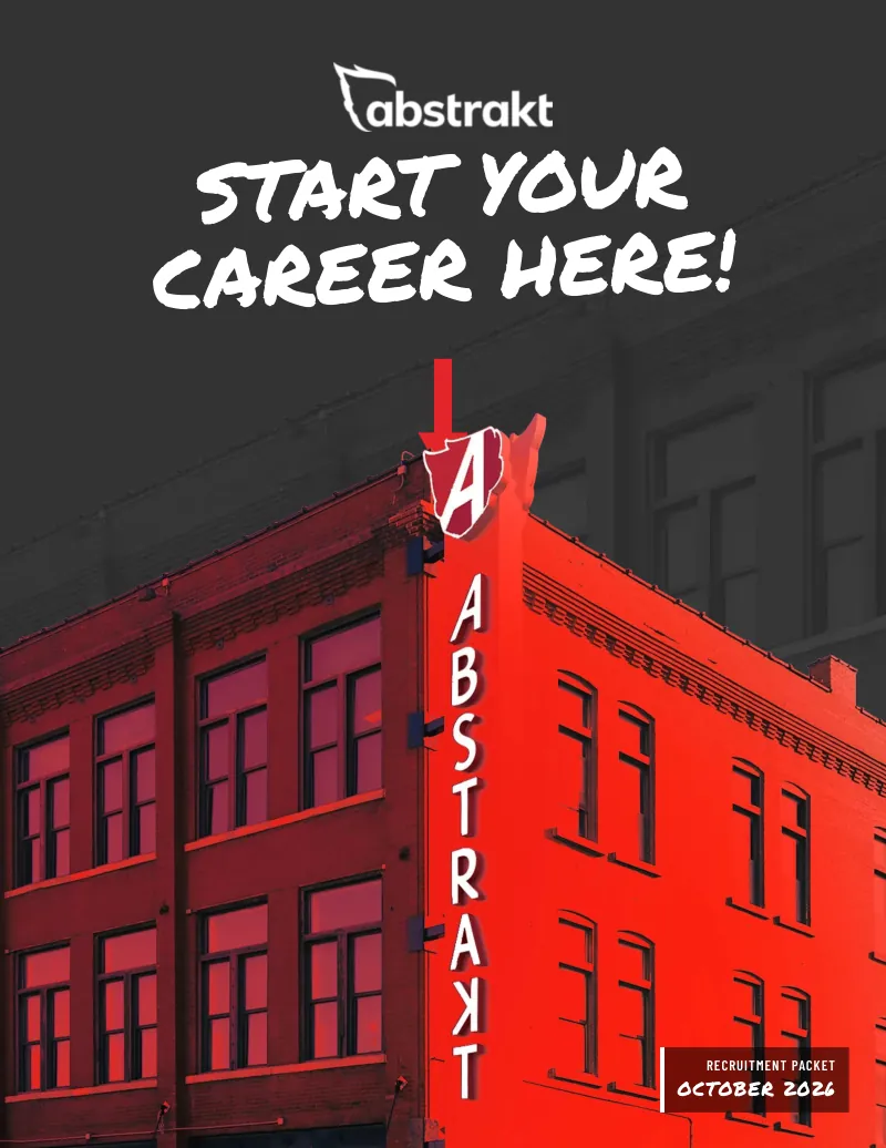 Cover: Start Your Career Here! above the red Abstrakt building in downtown St. Louis, with the words Recruitment packet, October 2026.