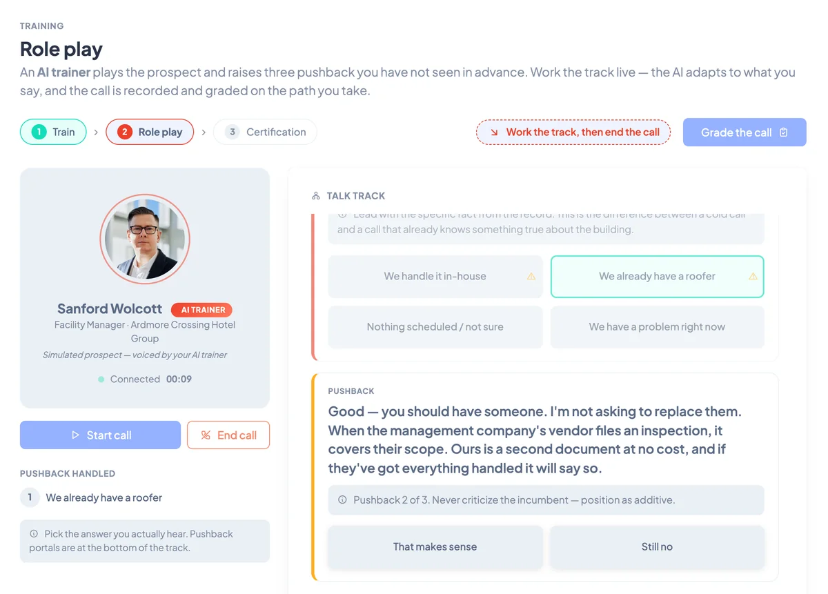 Abstrakt Intelligence role play mid-call: an AI trainer plays a facility manager, the rep has picked the "We already have a roofer" pushback, and the talk track shows the prepared answer