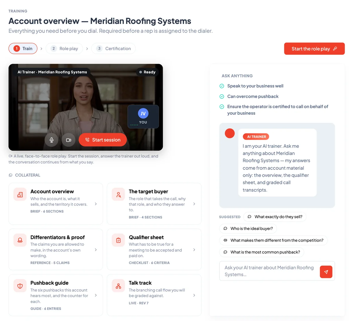 Abstrakt Intelligence training screen for a sample roofing account: an AI trainer video panel, collateral cards for the account overview, target buyer, differentiators, qualifier sheet, pushback guide and talk track, and an Ask Anything chat