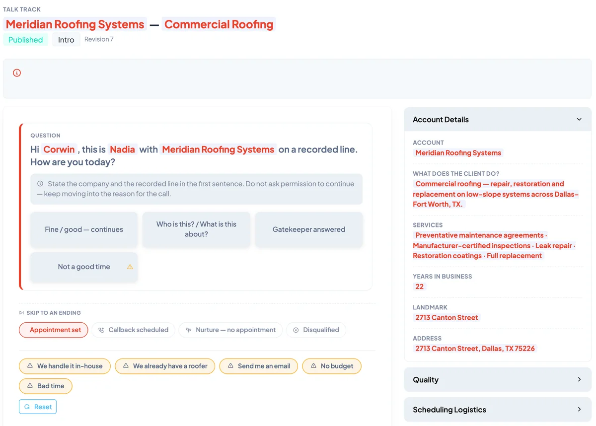 Abstrakt Intelligence interactive talk track: the opening line with the recorded-line notice, branching answer buttons, pushback portals and account details