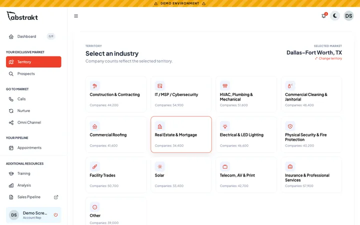 Abstrakt Intelligence industry picker with playbook tiles and company counts