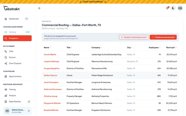 Prospect list built from the criteria, with name, title, company, city and building size