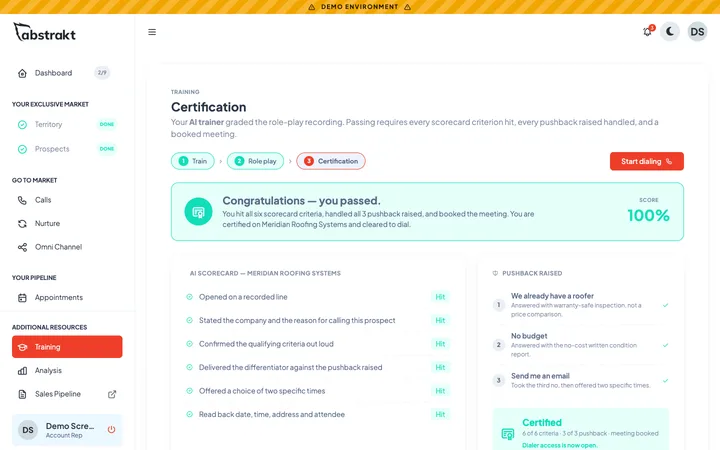 Certification screen showing a passed scorecard and the pushback handled