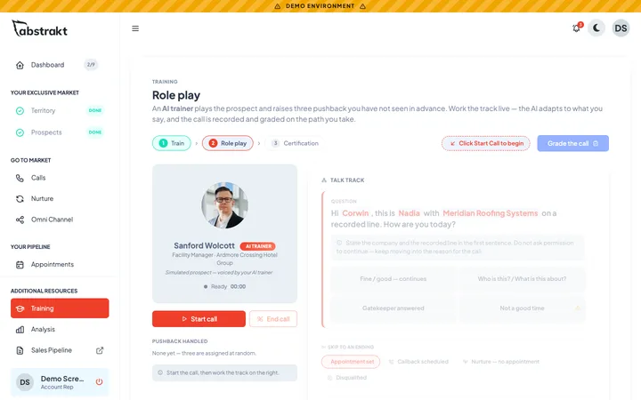 Abstrakt Intelligence demo screen: an AI role play used to certify a rep on a client talk track