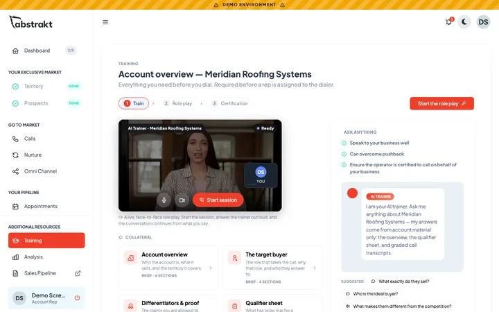 Account training screen with the AI trainer video, collateral cards and the Ask Anything panel