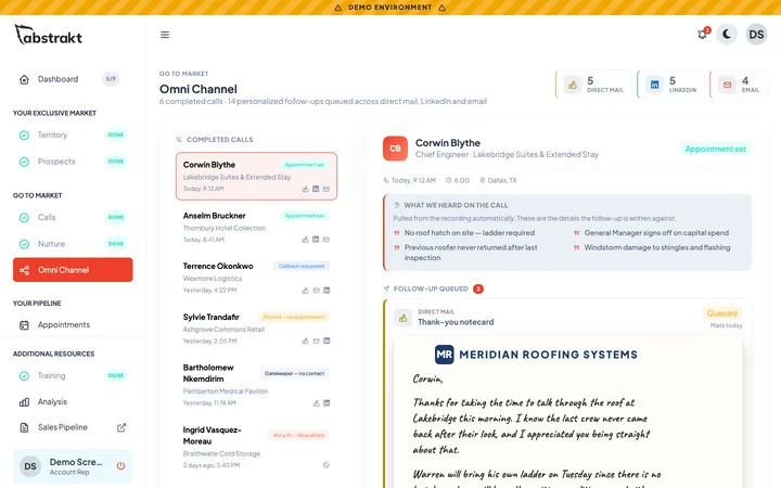 Omni Channel screen with completed calls, what was heard on the call and a notecard drafted from it