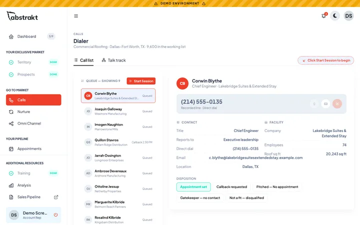 Dialer with the call queue on the left and the contact, facility details and dispositions on the right