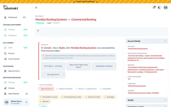 Interactive talk track with branching answers and account details