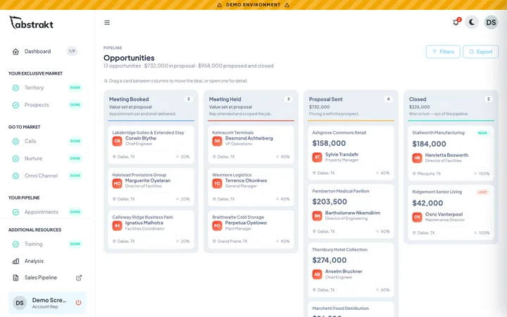 Opportunity board with meeting booked, meeting held, proposal sent and closed columns
