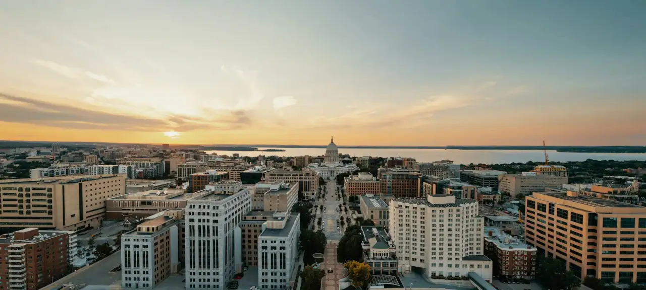 Downtown Madison and the Wisconsin State Capitol at sunset