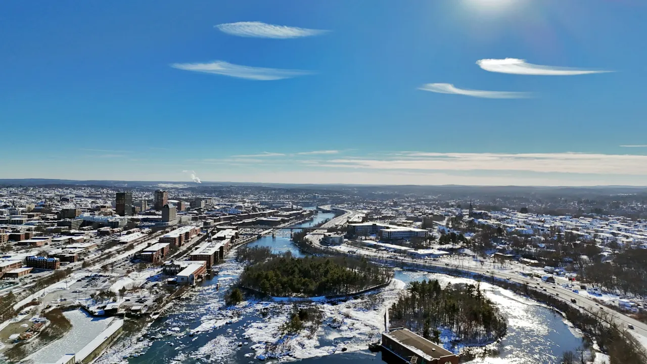 Manchester, New Hampshire and the Merrimack River in winter