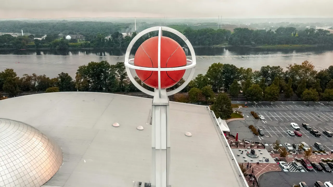 Basketball Hall of Fame sphere overlooking the Connecticut River, Springfield, Massachusetts