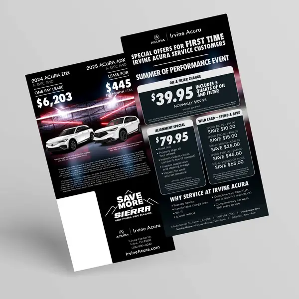 Direct mail piece designed for Irvine Acura