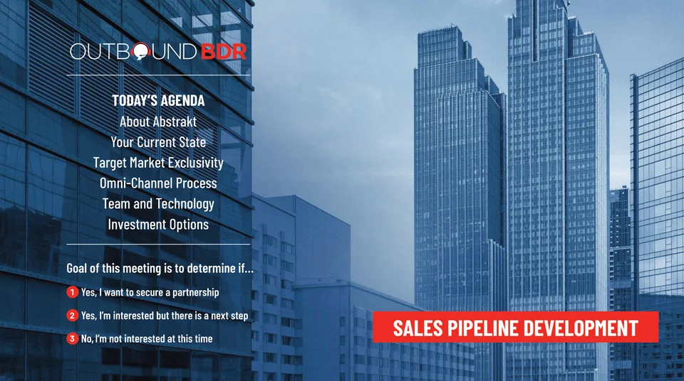 Cover slide: Sales Pipeline Development agenda covering About Abstrakt, your current state, target market exclusivity, the omni-channel process, team and technology, and investment options