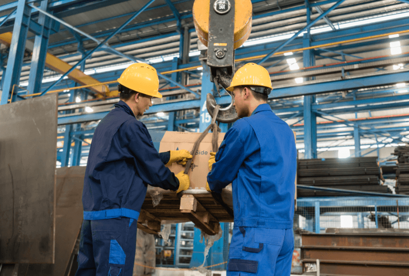 Two men working on lifting a large box with a crane