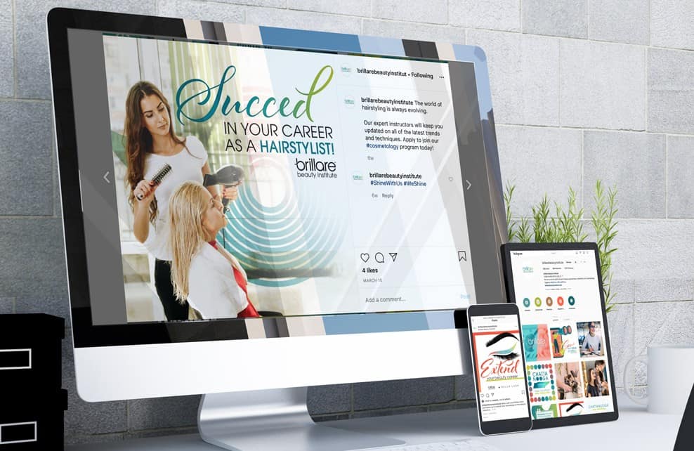 An imac with an example of an add for a salon on the screen with a iphone with a an ad