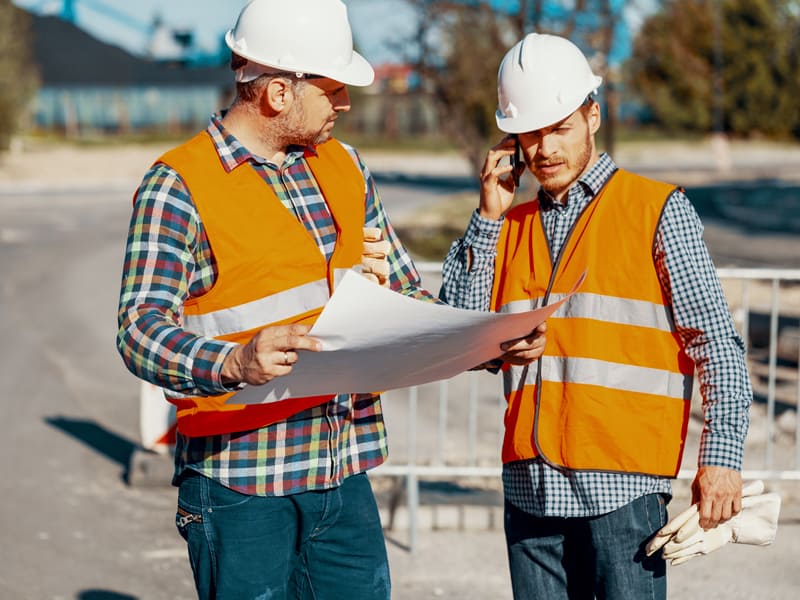 two paving construction workers talking about project plans