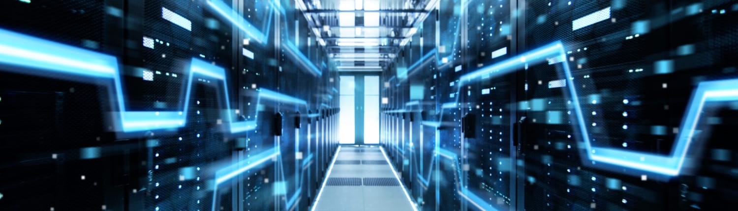 Shot of Corridor in Working Data Center Full of Rack Servers and Supercomputers with High Danger Skull Icon Visualization.