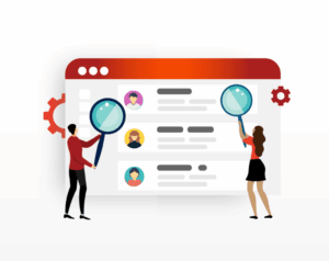 Two people holding magnifying glasses to list of prospects