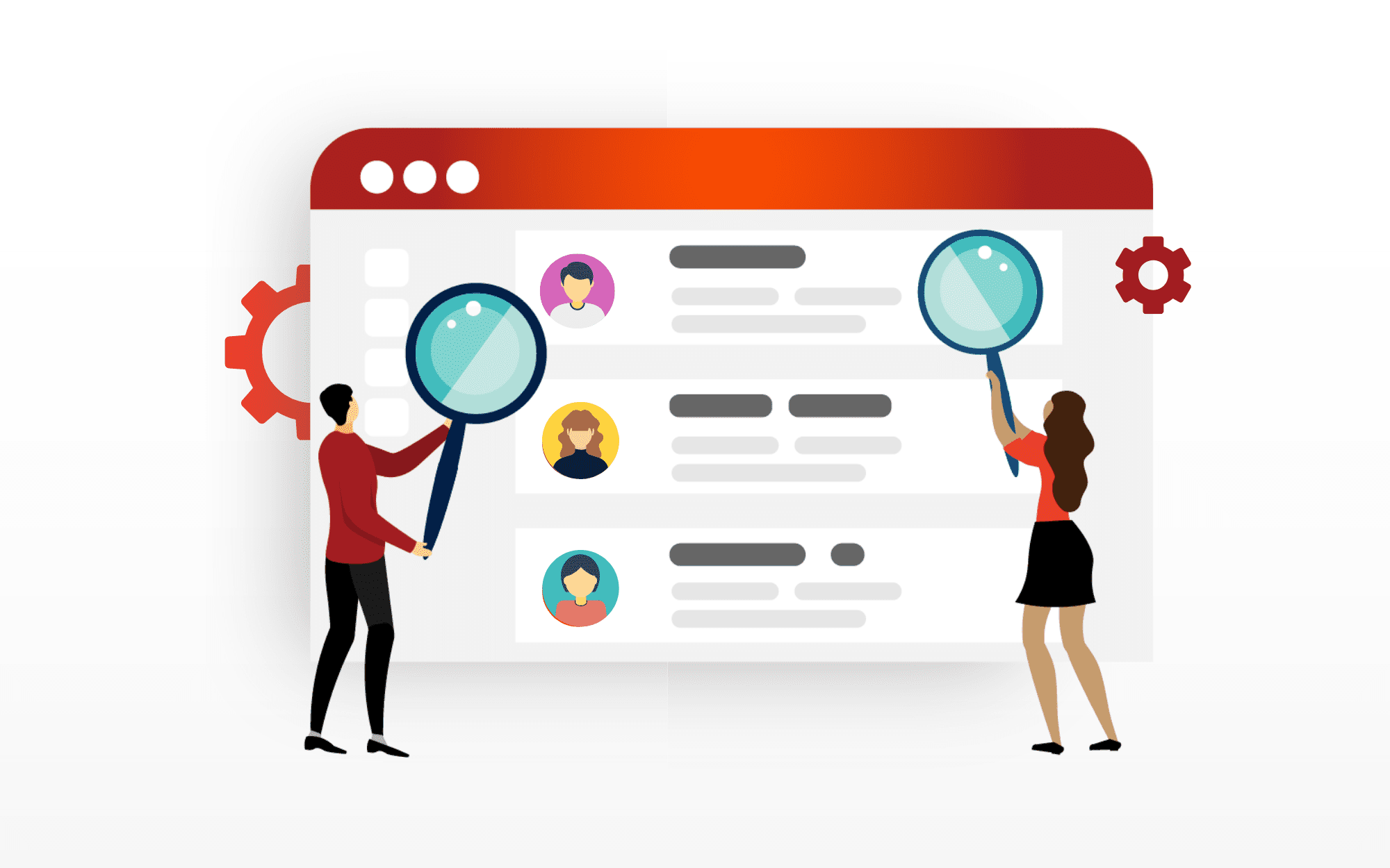 Prospecting List Illustration of two people holding magnifying glasses to a prospect list