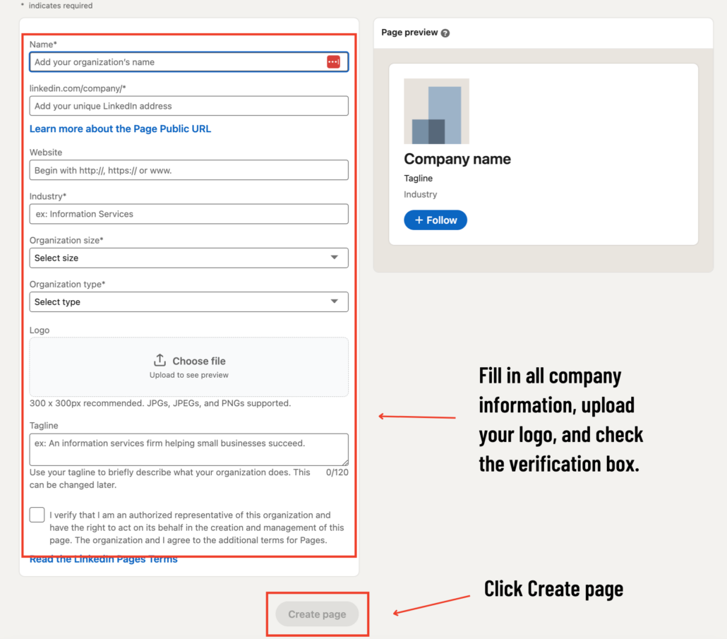 how to create a linkedin business page on app