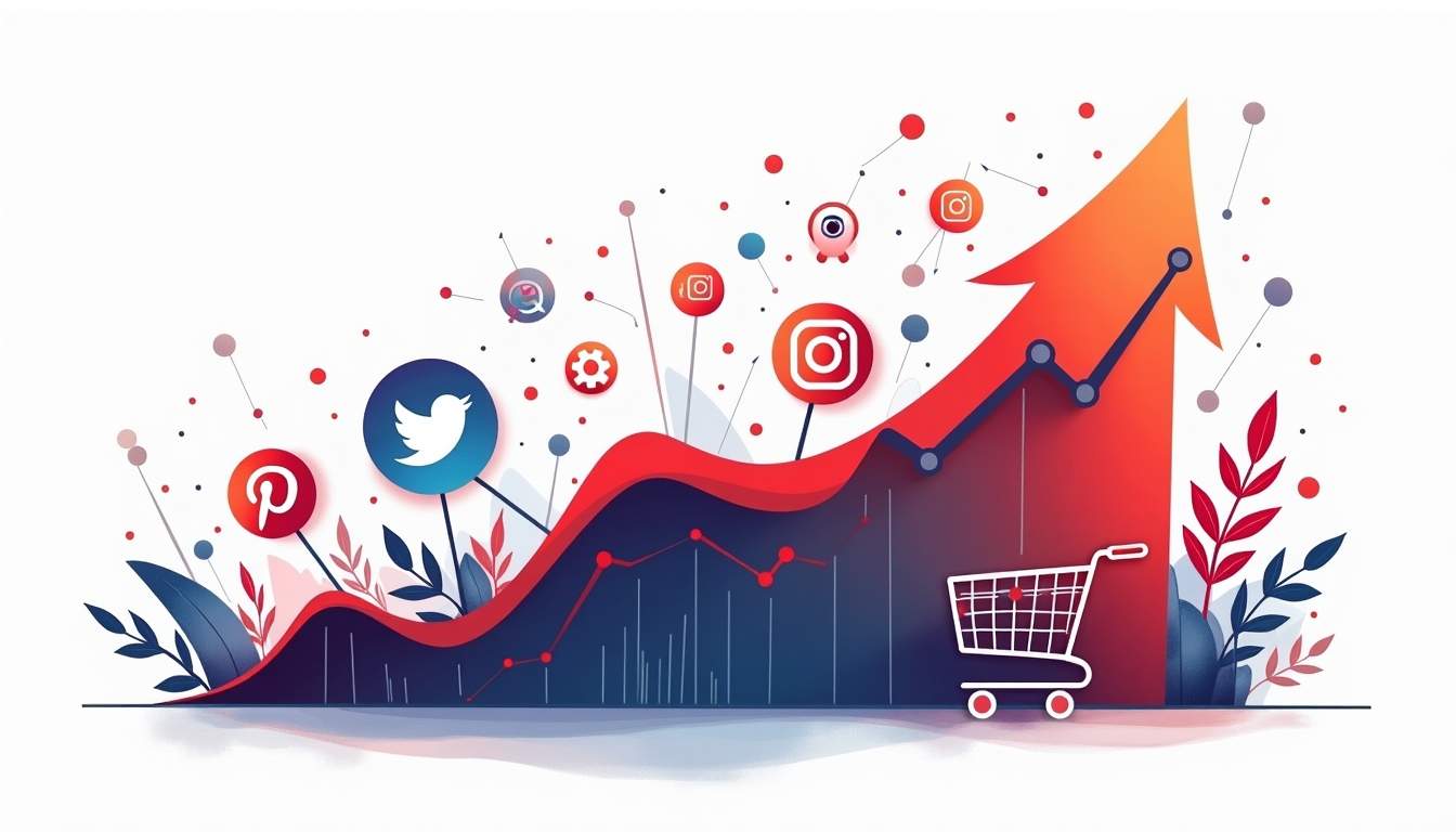 An upward-trending graph surrounded by various digital marketing elements like social media icons