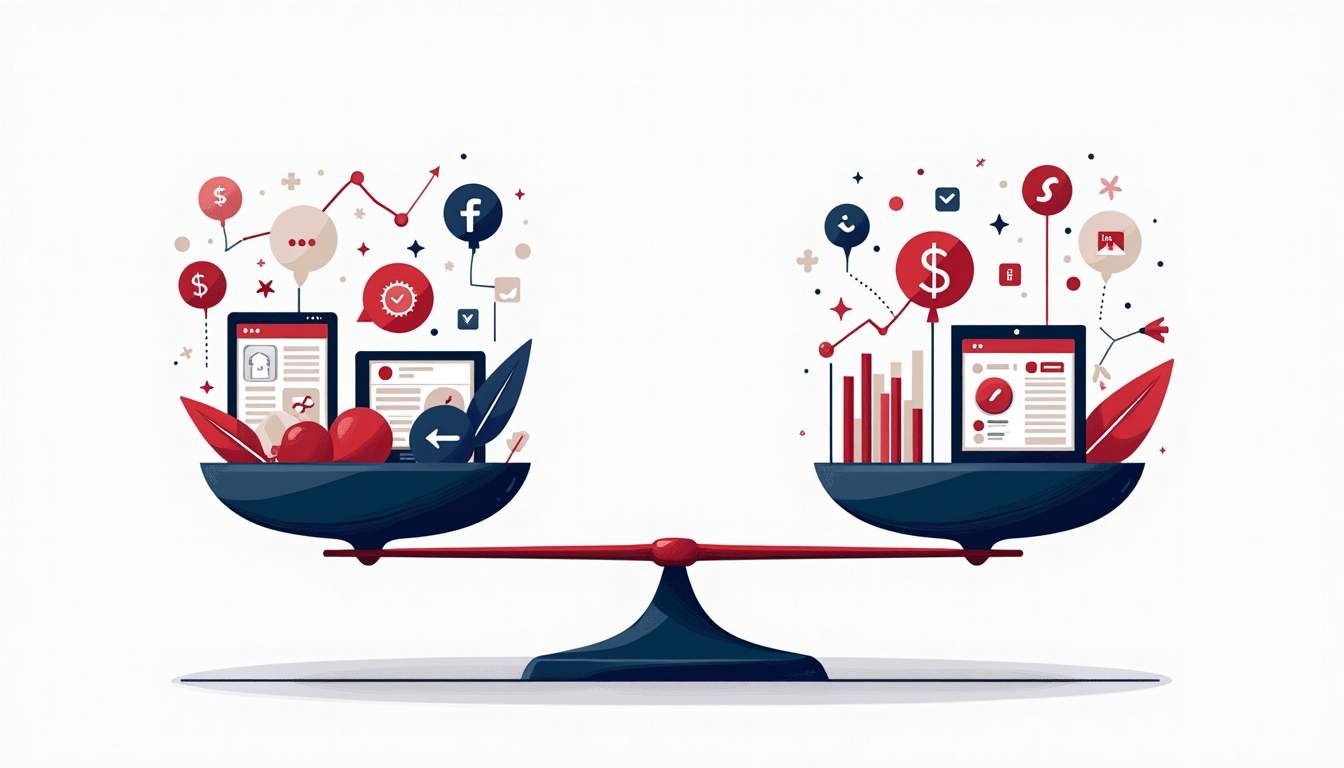 A balanced scale with various digital marketing elements like social media icons