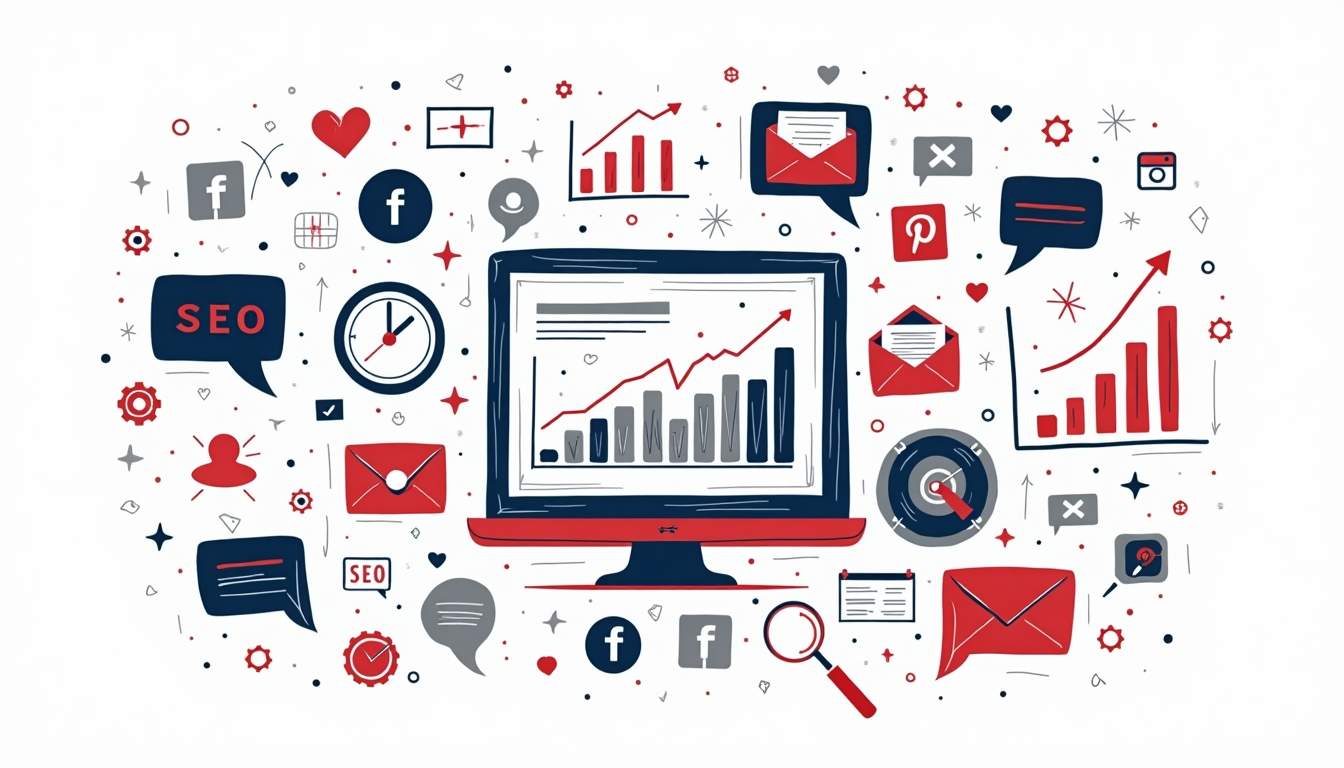An array of digital marketing tools and icons