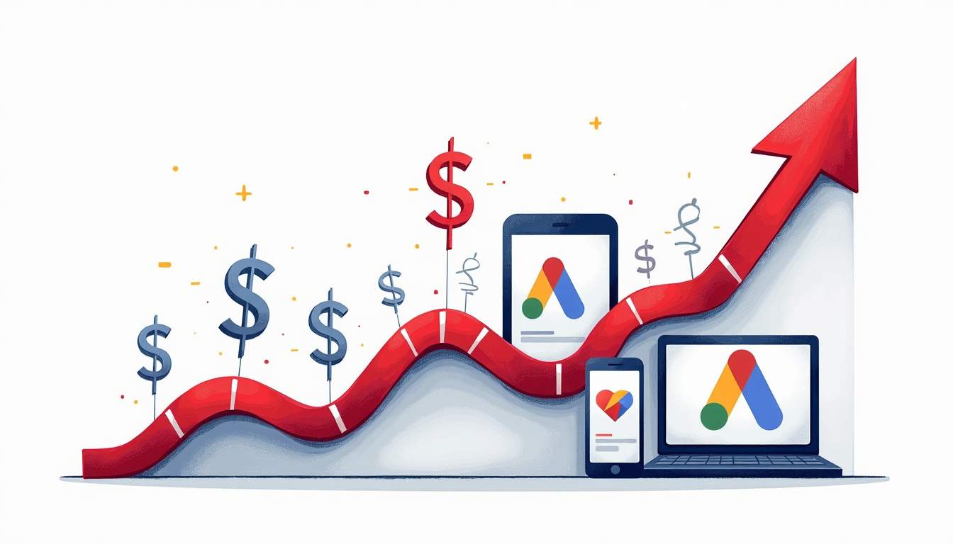 An abstract representation of a fluctuating graph with dollar signs and various digital devices like smartphones and laptops