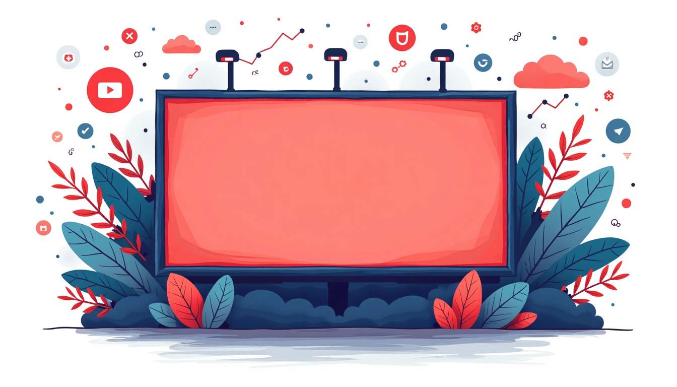 An eye-catching digital billboard surrounded by various online advertising elements like social media icons