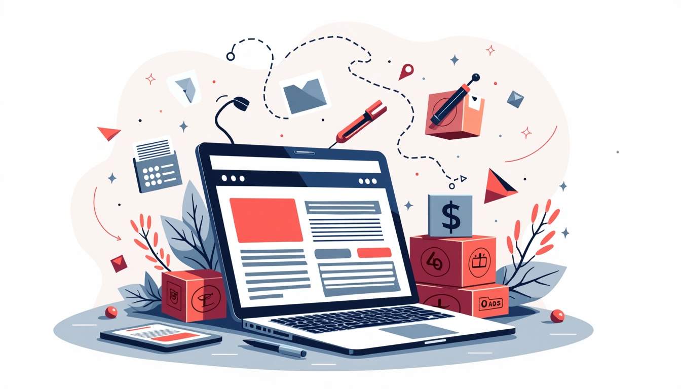 An open laptop displaying a website layout with various icons representing costs