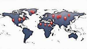 An abstract map highlighting various local landmarks and search icons
