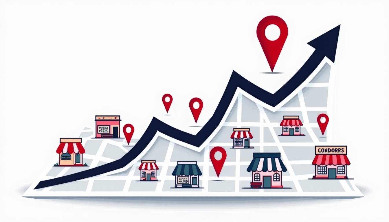 An upward-trending graph overlaid on a map pinpointing various local businesses