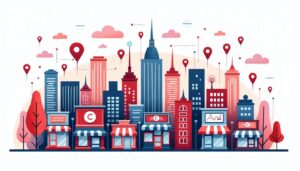 A vibrant cityscape featuring various local business icons