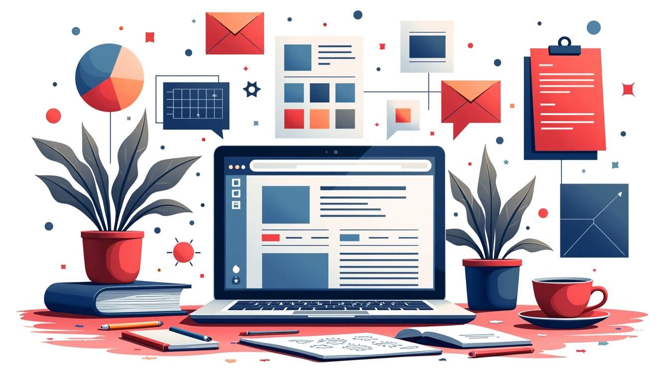 An open laptop surrounded by design elements like color swatches