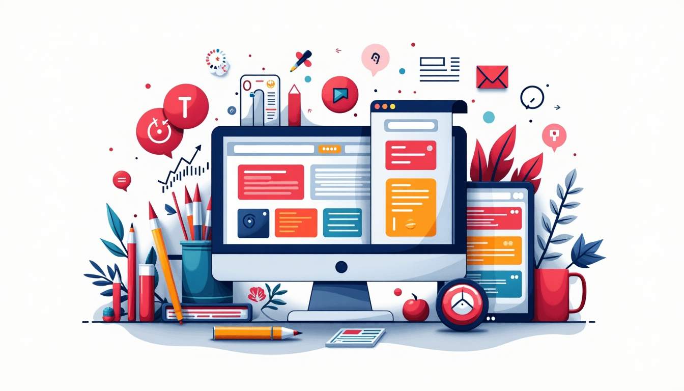 Draw an illustration of a diverse array of website design tools and elements