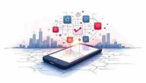 An abstract smartphone surrounded by various icons representing mobile optimization elements like speed