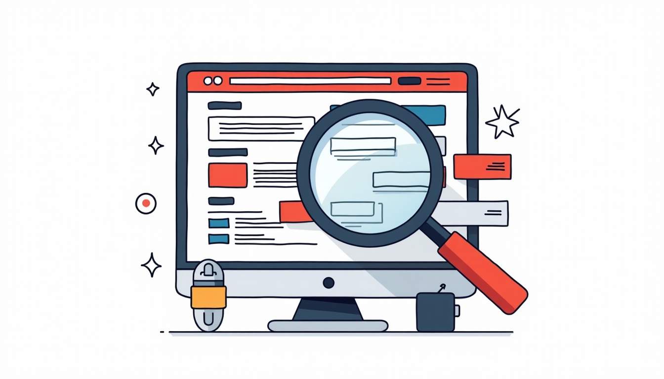 A magnifying glass hovering over a digital screen displaying a variety of colorful keyword tags and search results