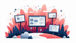 An imaginative landscape featuring various digital billboards and advertisements