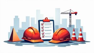 A construction site with safety equipment prominently displayed