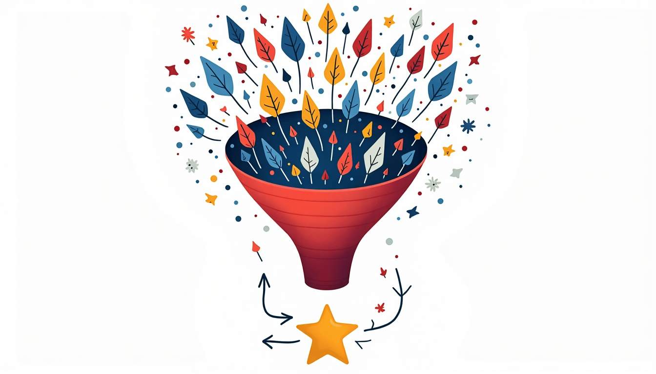 An abstract representation of a funnel filled with diverse icons symbolizing skills and attributes of top sales development representatives