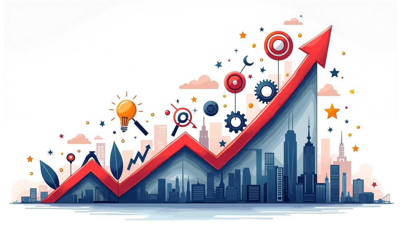 An upward-trending graph intertwined with various tools and symbols representing sales development