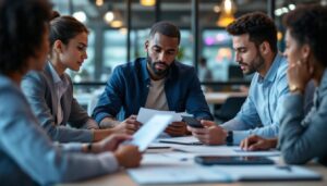 A photograph of a professional business meeting in a modern office setting